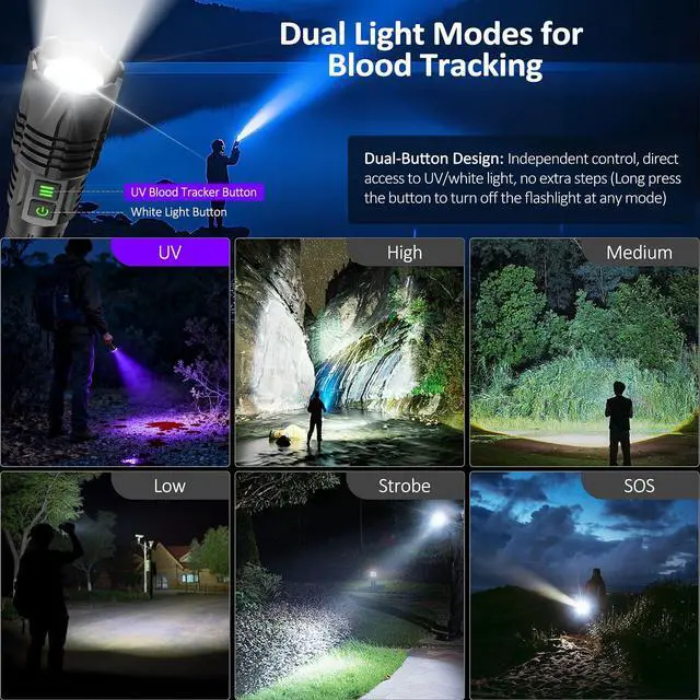 Alt view image 4 of 6 - 365nm UV Light & Led Flashlight Rechargeable, 6 modes Powerful Black Light for Pet Urine Detection, Resin, Rocks, Scorpion,Zoomable Waterproof Tactical Flashlights for Emergencies Camping Dog Walking