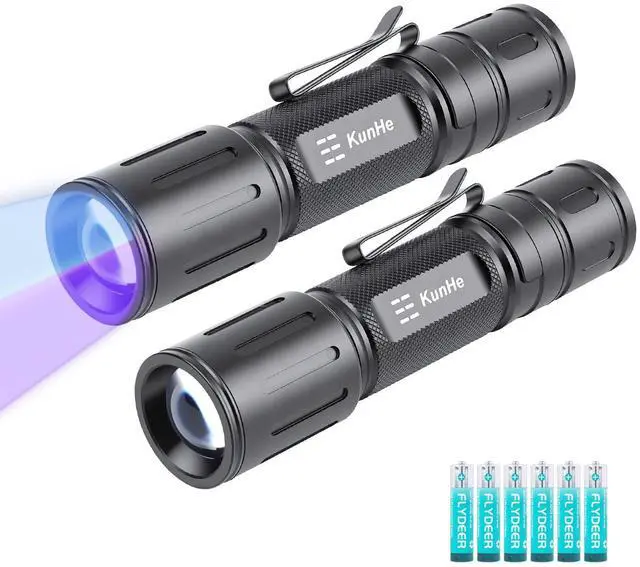 Main image of 2 Pack 365 395nm Dual uv Flashlight for pet Urine Detection UV Dual Wavelength Flashlight with Black Light for Uranium Glass Rocks Scorpion Bathroom Stains Detection UV Light for Minerals
