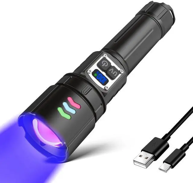 Main image of 365nm UV Flashlight Black Light, Rechargeable 2-in-1 White and Ultraviolet Light Combo, Zoomable LCD Display UV Light for Pet Urine Detection, Resin, Rocks, Scorpion, AC Leak, Camping, Emergencies