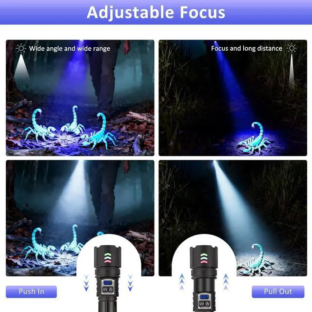 Alt view image 3 of 7 - 365nm UV Flashlight Black Light, Rechargeable 2-in-1 White and Ultraviolet Light Combo, Zoomable LCD Display UV Light for Pet Urine Detection, Resin, Rocks, Scorpion, AC Leak, Camping, Emergencies