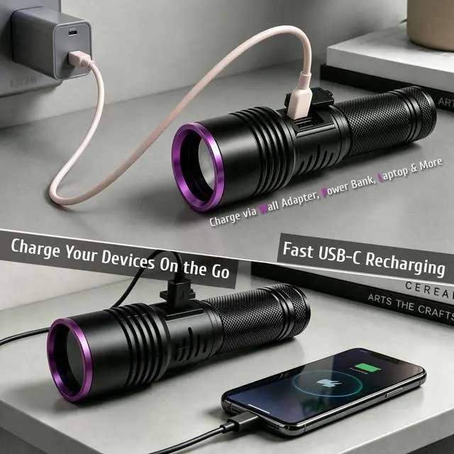 Alt view image 5 of 7 - UV Flashlight, 365nm Blacklight Flashlights Rechargeable with High Capacity Battery, for Pet Urine Detection, Oil Leak, Scorpion, Yooperlite Hunting, Resin Curing
