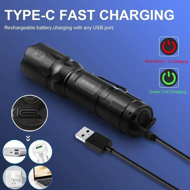 Alt view image 2 of 7 - Rechargeable UV Flashlight, 365nm 395nm Dual UV Flashlight, USB-C Blacklight Ultraviolet Flashlights for Pet Urine, AC Leak Detection, Resin Curing, Uranium Glass & Rocks Scorpion Finder