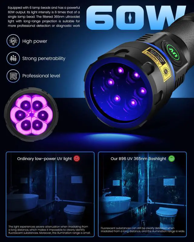 Alt view image 2 of 6 - UV Flashlight 365nm Black Light, 6xLED Rechargeable Powerful Blacklight 60W Woods lamp, Ultraviolet Lights for Rock, Blood Tracking, Pet Urine, Uranium Glass, Scorpion, Resin Curing