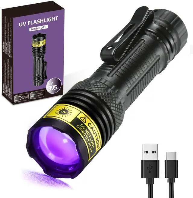 Main image of UV Flashlight 395nm Black Light Mini USB Rechargeable Ultraviolet LED Blacklight Woods Lamp Powerful Fluorescent Portable Detector for Pet Urine Stains, Scorpions, Resin Curing