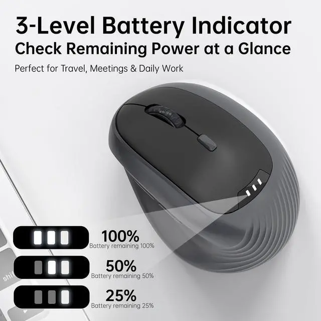 Alt view image 2 of 7 - Ergonomic Vertical Wireless Mouse, Bluetooth 5.2/5.0 & 2.4G Tri-Mode, Type-C Rechargeable with Power Display, 6-Level Adjustable 8,000 DPI, Lightweight Quiet Click for Laptop Mac - Black