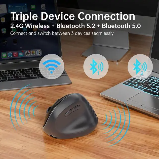 Alt view image 4 of 7 - Ergonomic Vertical Wireless Mouse, Bluetooth 5.2/5.0 & 2.4G Tri-Mode, Type-C Rechargeable with Power Display, 6-Level Adjustable 8,000 DPI, Lightweight Quiet Click for Laptop Mac - Black