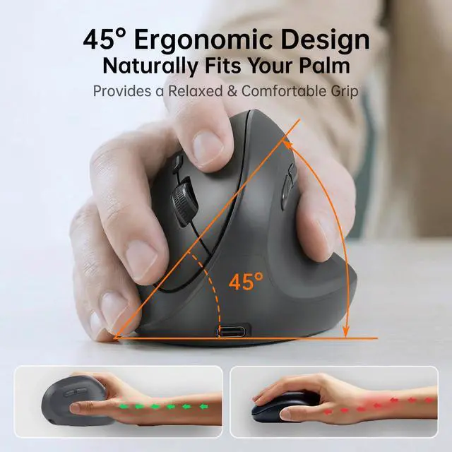 Alt view image 3 of 7 - Ergonomic Vertical Wireless Mouse, Bluetooth 5.2/5.0 & 2.4G Tri-Mode, Type-C Rechargeable with Power Display, 6-Level Adjustable 8,000 DPI, Lightweight Quiet Click for Laptop Mac - Black