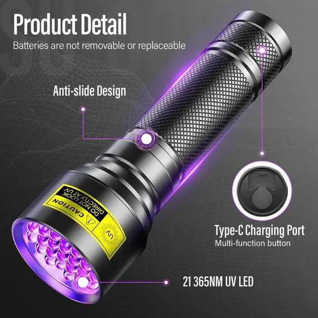 Alt view image 7 of 7 - UV Flashlight Black Light, 21 LED 395nm Ultraviolet Rechargeable Flashlights UV Light, Waterproof Portable BlackLight Flashlights for Pet Urine Detection, Dry Stains, Bed Bug, Fluorescent Agent