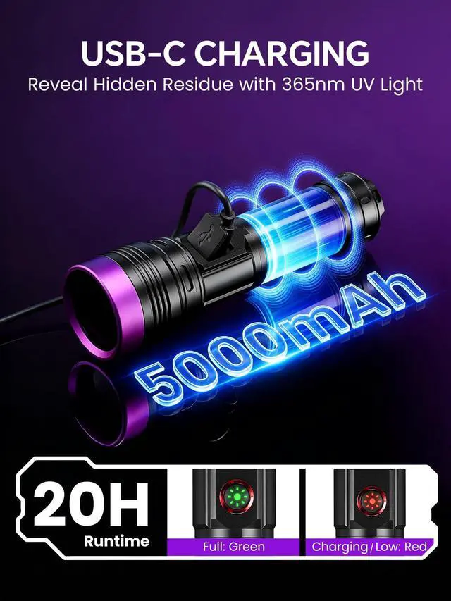 Alt view image 3 of 7 - 20W 365nm UV Flashlight Rechargeable,5000mAh Black Light Flashlight,Powerful Ultraviolet Blacklight,UV Lamp for Pet Urine Detection,Scorpion,Resin Curing,Yooperlite,Blood Tracking,Hotel hygiene,ACLeak