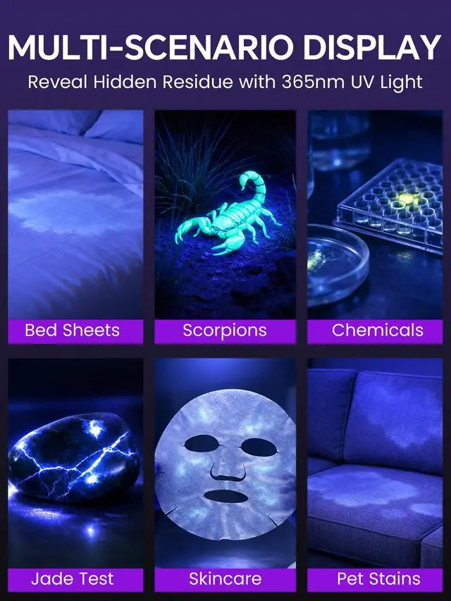 Alt view image 7 of 7 - 20W 365nm UV Flashlight Rechargeable,5000mAh Black Light Flashlight,Powerful Ultraviolet Blacklight,UV Lamp for Pet Urine Detection,Scorpion,Resin Curing,Yooperlite,Blood Tracking,Hotel hygiene,ACLeak