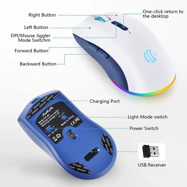 Alt view image 6 of 7 - Wireless Mouse, Rechargeable Mouse, Dual Mode Bluetooth 5.2 + 2.4G USB Silent Slim Mouse, Wireless Mouse for MacBook Air, Laptop, PC, Windows RGB, Ergonomic, Portable, 1600 DPI Bluetooth Mouse.