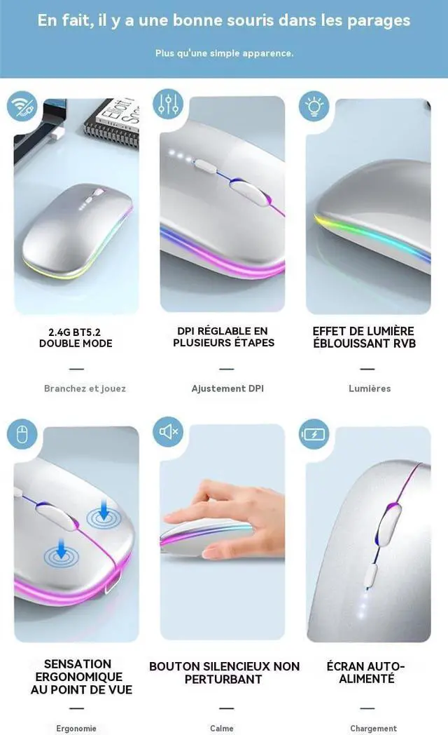 Alt view image 3 of 7 - Rechargeable Wireless Mouse Bluetooth Laptop Mouse Portable RGB LED Lights Display Computer Mice Use (BT5.2 or 2.4G) Dual Mode Connection Silent Slim Mice for Laptop Tablet/MacBook/PC/Phone Silver
