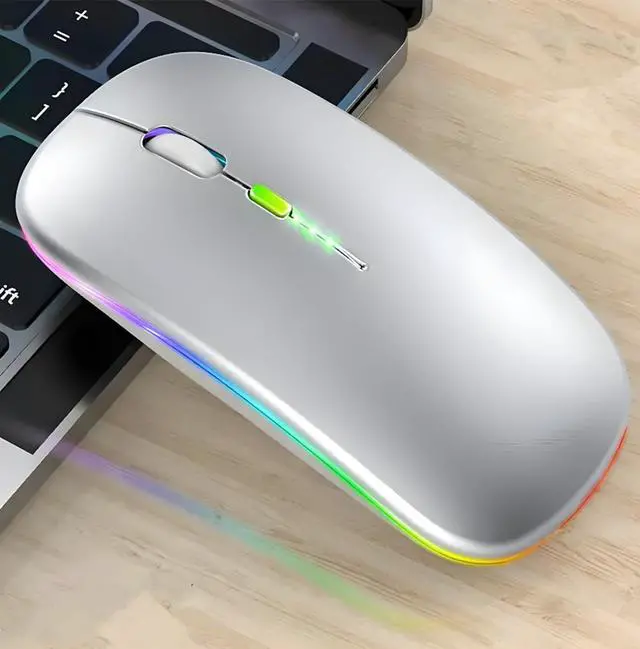 Main image of Rechargeable Wireless Mouse Bluetooth Laptop Mouse Portable RGB LED Lights Display Computer Mice Use (BT5.2 or 2.4G) Dual Mode Connection Silent Slim Mice for Laptop Tablet/MacBook/PC/Phone Silver