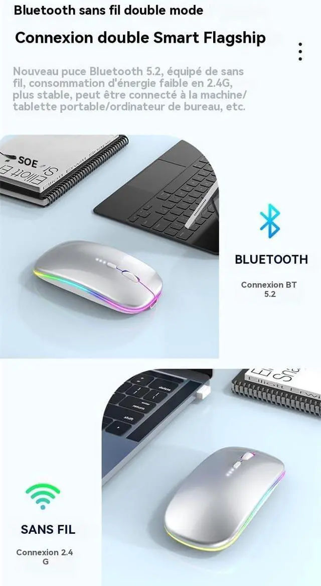 Alt view image 4 of 7 - Rechargeable Wireless Mouse Bluetooth Laptop Mouse Portable RGB LED Lights Display Computer Mice Use (BT5.2 or 2.4G) Dual Mode Connection Silent Slim Mice for Laptop Tablet/MacBook/PC/Phone Silver