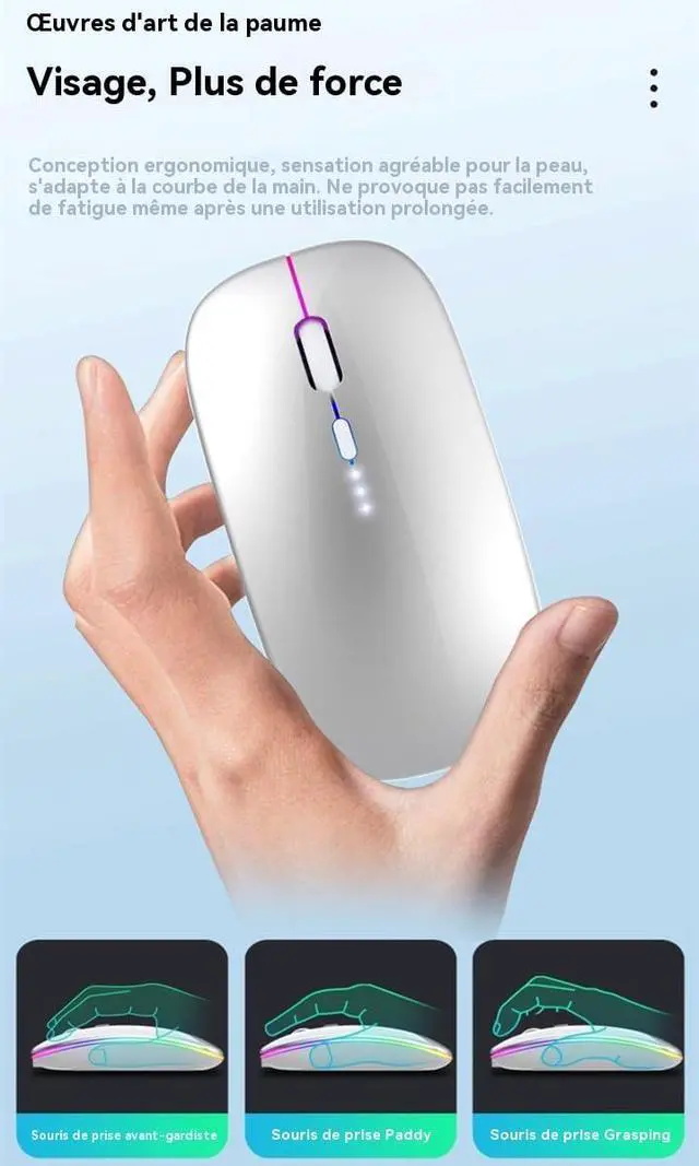 Alt view image 7 of 7 - Rechargeable Wireless Mouse Bluetooth Laptop Mouse Portable RGB LED Lights Display Computer Mice Use (BT5.2 or 2.4G) Dual Mode Connection Silent Slim Mice for Laptop Tablet/MacBook/PC/Phone Silver