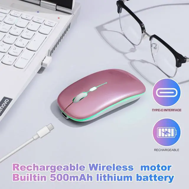 Alt view image 3 of 7 - Wireless Bluetooth Mouse Rechargeable Long Lasting Dual Mode - BT 5.2 & 2.4G Silent RGB LED Mice, Slim Portable Ergonomic Mouse for Laptop/PC/Tablet/MacBook/iPad/Apple Devices(Rose Gold)
