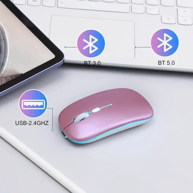 Alt view image 4 of 7 - Wireless Bluetooth Mouse Rechargeable Long Lasting Dual Mode - BT 5.2 & 2.4G Silent RGB LED Mice, Slim Portable Ergonomic Mouse for Laptop/PC/Tablet/MacBook/iPad/Apple Devices(Rose Gold)