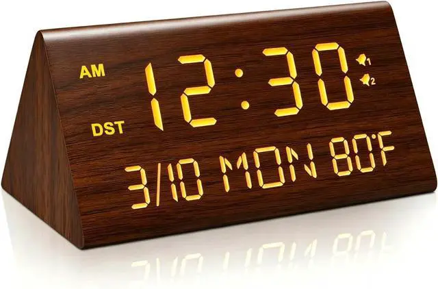 Main image of Wooden Digital Alarm Clock, 0-100% Dimmer, 2 Alarm Settings, Weekday/Everyday Mode, 9 Mins Snooze, 12/24H, Temperature and Date Display for Office, Travel, Bedroom Alarm Clock (Brown)