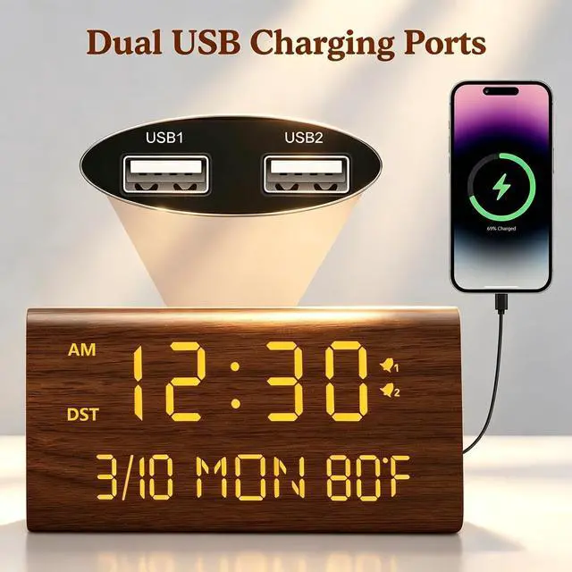Alt view image 3 of 7 - Wooden Digital Alarm Clock, 0-100% Dimmer, 2 Alarm Settings, Weekday/Everyday Mode, 9 Mins Snooze, 12/24H, Temperature and Date Display for Office, Travel, Bedroom Alarm Clock (Brown)