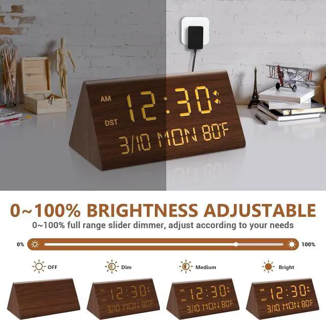 Alt view image 4 of 7 - Wooden Digital Alarm Clock, 0-100% Dimmer, 2 Alarm Settings, Weekday/Everyday Mode, 9 Mins Snooze, 12/24H, Temperature and Date Display for Office, Travel, Bedroom Alarm Clock (Brown)