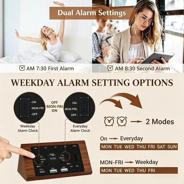Alt view image 5 of 7 - Wooden Digital Alarm Clock, 0-100% Dimmer, 2 Alarm Settings, Weekday/Everyday Mode, 9 Mins Snooze, 12/24H, Temperature and Date Display for Office, Travel, Bedroom Alarm Clock (Brown)