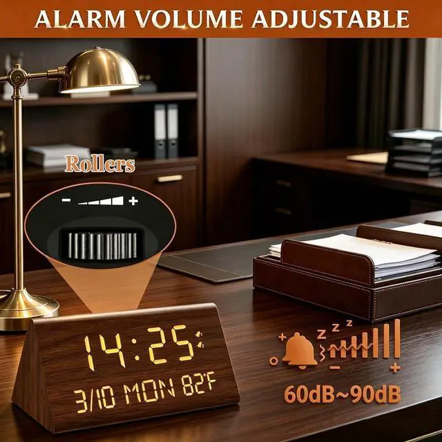 Alt view image 6 of 7 - Wooden Digital Alarm Clock, 0-100% Dimmer, 2 Alarm Settings, Weekday/Everyday Mode, 9 Mins Snooze, 12/24H, Temperature and Date Display for Office, Travel, Bedroom Alarm Clock (Brown)