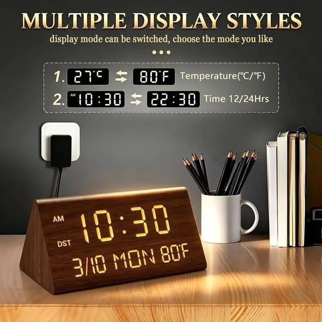 Alt view image 7 of 7 - Wooden Digital Alarm Clock, 0-100% Dimmer, 2 Alarm Settings, Weekday/Everyday Mode, 9 Mins Snooze, 12/24H, Temperature and Date Display for Office, Travel, Bedroom Alarm Clock (Brown)