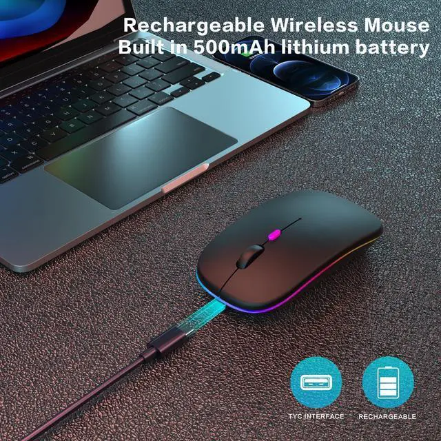 Alt view image 3 of 7 - Wireless Bluetooth Mouse, Rechargeable, Dual Mode Bluetooth 5.2 & 2.4G USB, LED Lights, Slim, Silent, Portable Computer Mouse for Laptop, PC, MacBook, iPad, Tablet (Black Pearl)