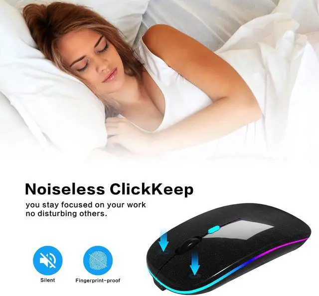 Alt view image 7 of 7 - Wireless Bluetooth Mouse, Rechargeable, Dual Mode Bluetooth 5.2 & 2.4G USB, LED Lights, Slim, Silent, Portable Computer Mouse for Laptop, PC, MacBook, iPad, Tablet (Black Pearl)