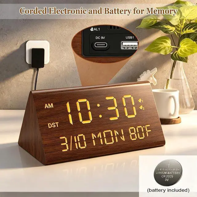 Alt view image 2 of 7 - Wooden Digital Alarm Clock, 0-100% Dimmer, 2 Alarm Settings, Weekday/Everyday Mode, 9 Mins Snooze, 12/24H, Temperature and Date Display for Office, Travel, Bedroom Alarm Clock (Brown)