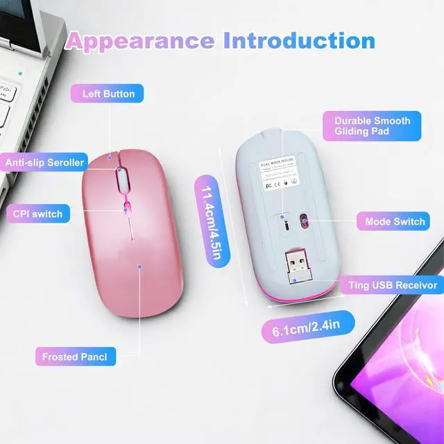 Alt view image 7 of 7 - Wireless Bluetooth Mouse Rechargeable Long Lasting Dual Mode - BT 5.2 & 2.4G Silent RGB LED Mice, Slim Portable Ergonomic Mouse for Laptop/PC/Tablet/MacBook/iPad/Apple Devices(Rose Gold)