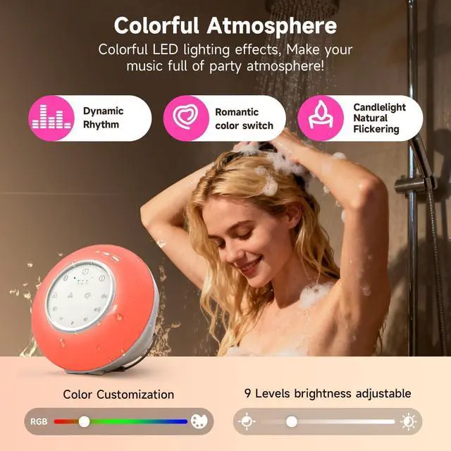 Alt view image 4 of 7 - Shower Speaker Bluetooth Waterproof with 5 White Noise Sounds & 4 LED Light Modes | Portable Speaker for Bathtub, IPX6 Waterproof, Smart Bath Timer, Relaxation Spa Gifts for Women Men