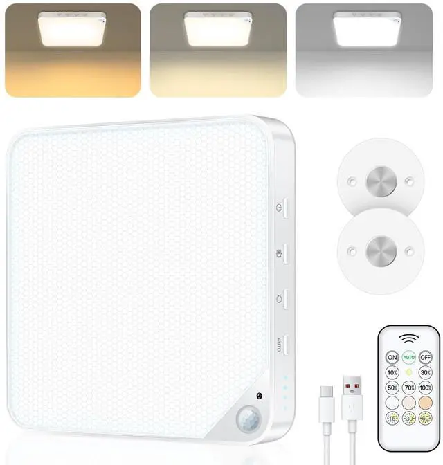 Main image of Rechargeable 6W Motion Sensor Ceiling Light Indoor, Wireless Magnetic Stick on Closet Light, Remote Control for Color & Brightness, Battery Operated Light for Shower, Bathroom, Pantry, Hallway, 1-Pack