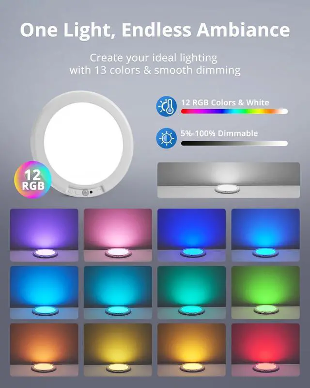 Alt view image 2 of 7 - Rechargeable RGB Ambient Shower Light Waterproof Inside, LED 13 Color Changing Mood Lighting for Bathroom Cordless Battery Operated Stick on Ceiling Lamp with Remote for Bathtub Bedroom