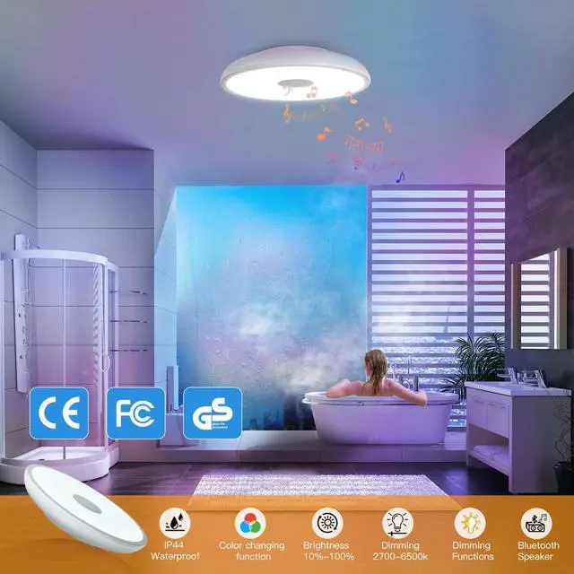 Alt view image 3 of 7 - Smart Waterproof LED Flush Mount Ceiling Light Fixture,with Bluetooth Speaker,11 Inch,18 watt,Dimmable Music Lamp,RGB Color Changing Light with Remote Control,for Bathroom,Shower,Bedroom