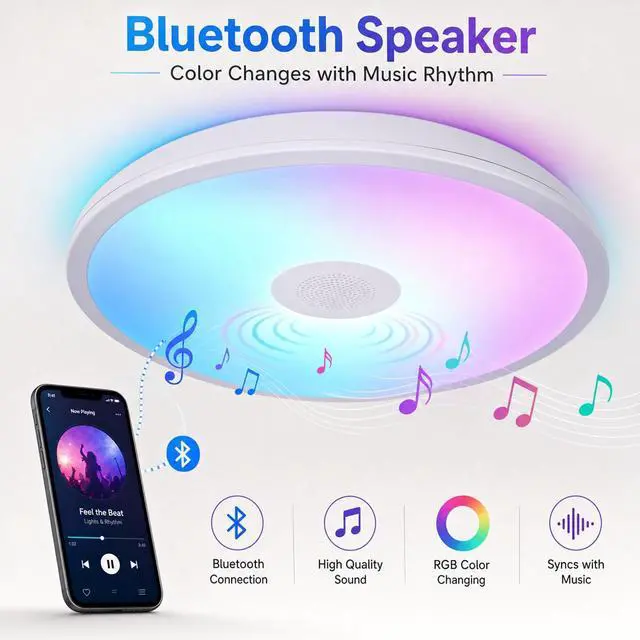 Alt view image 2 of 7 - Upgrade Waterproof Ceiling Light LED Music Ceiling Lamp with Bluetooth Speaker,FCC UL1598 Certified 18W Color Changing Light with Remote Control for Bathroom Shower Kitchen Outdoor ( Need Wired )