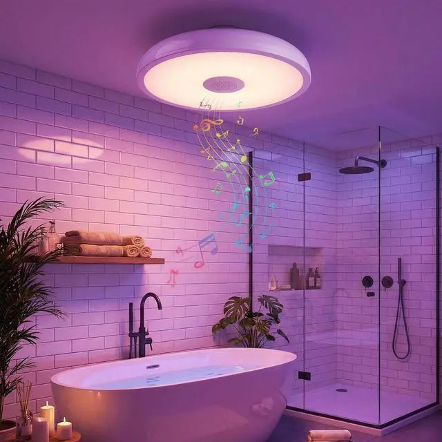Alt view image 3 of 7 - Upgrade Waterproof Ceiling Light LED Music Ceiling Lamp with Bluetooth Speaker,FCC UL1598 Certified 18W Color Changing Light with Remote Control for Bathroom Shower Kitchen Outdoor ( Need Wired )