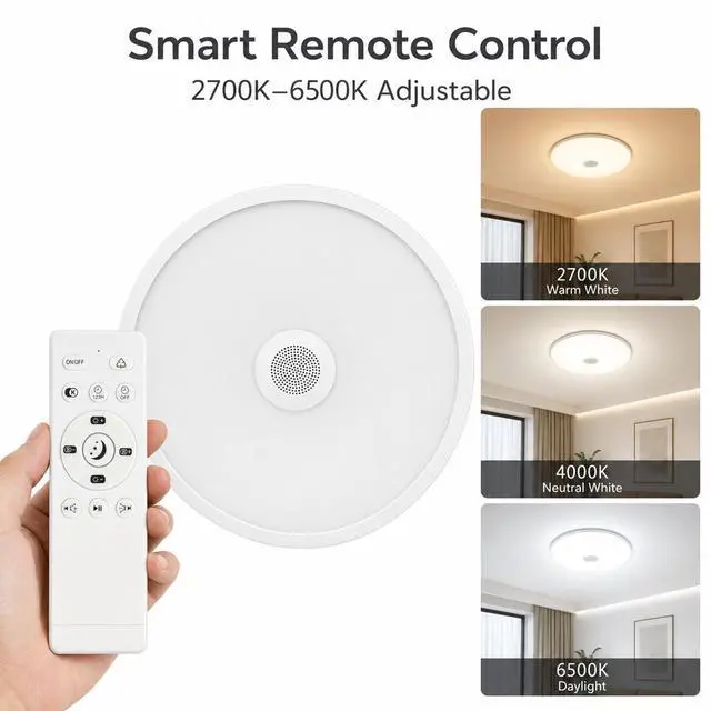 Alt view image 5 of 7 - Upgrade Waterproof Ceiling Light LED Music Ceiling Lamp with Bluetooth Speaker,FCC UL1598 Certified 18W Color Changing Light with Remote Control for Bathroom Shower Kitchen Outdoor ( Need Wired )
