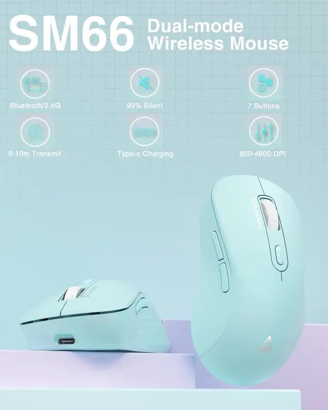 Alt view image 2 of 7 - SM66 Green Silent Dual Mode Wireless Mouse for Laptop, Adjustable 4800 DPI,Rechargeable Computer Mouse for Bluetooth and Wireless Connection