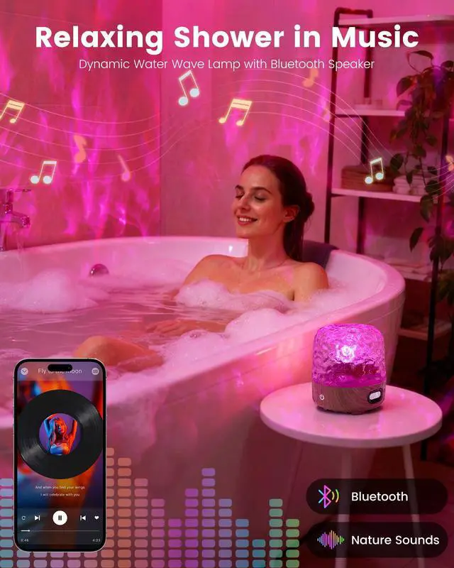 Alt view image 2 of 7 - Waterproof Shower Lamp, 16 Colors Ocean Wave Effect Projector Light with Bluetooth Music Speaker for Bedroom Relaxing Shower