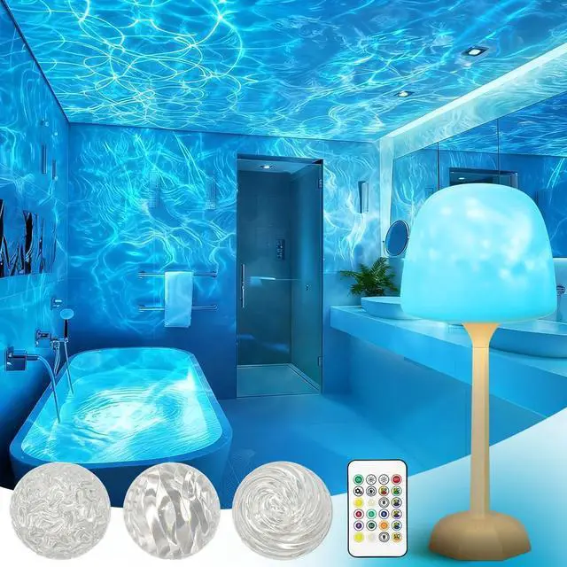 Main image of Rechargeable Shower Lamp No Wiring 16 Color Ocean Wave Projector Light, Dimmable Waterproof Shower Light with Remote for Shower, Bathroom, Bedroom Decor (Rechargeable Ocean Lamp)
