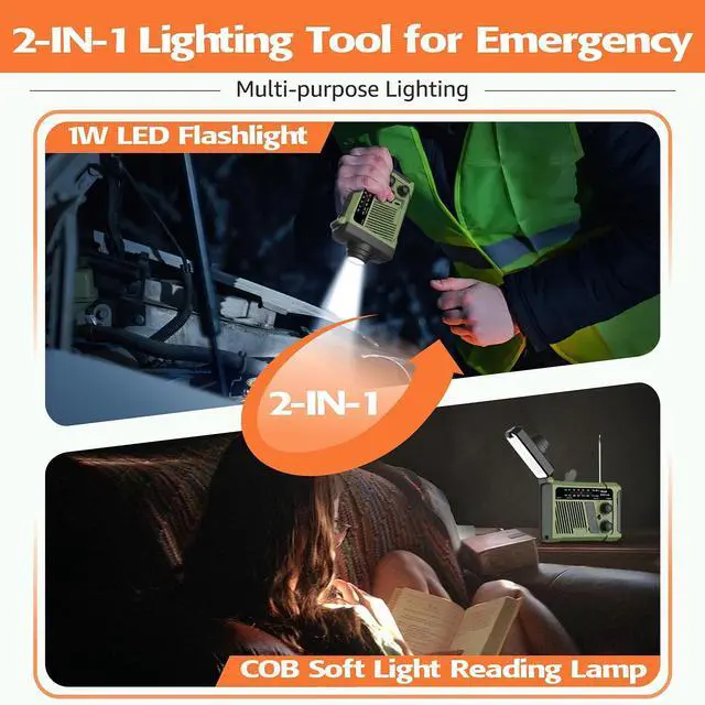 Alt view image 3 of 7 - Emergency Hand Crank Solar Radio,NOAA Weather Radio with AM/FM/WB Alert,Portable Emergency Weather Radio with Flashlight,COB Reading Lamp,USB Charging,SOS Alarm & Phone Charger for Hurricane Camping