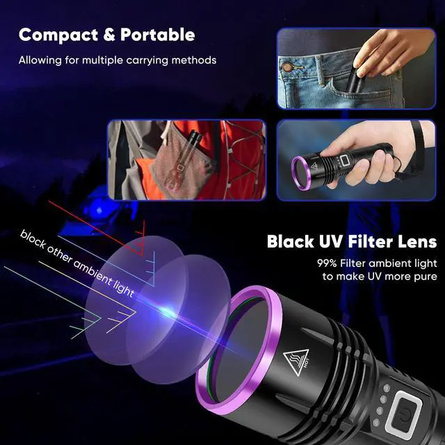 Alt view image 5 of 5 - UV Flashlight 20W, 5000 mAh High Power 365nm UV Light, Led Usb Rechargeable Black Light Flashlight for Pet Urine Detection, Resin Curing, Rock Hunting, Traveling, AC Leak, Uranium Glass, Bed Bug