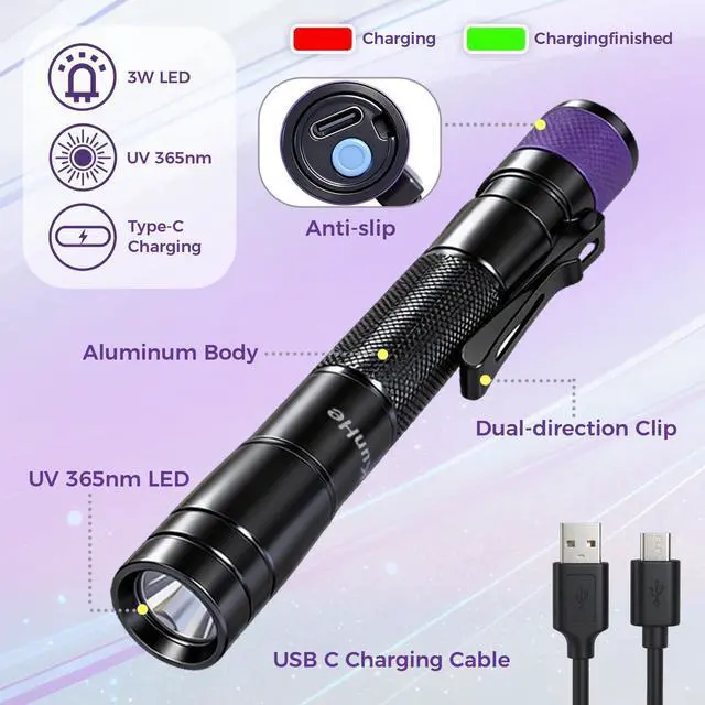 Main image of 2 Pack UV 365nm Rechargeable Penlight 3W with Two-Way Clip Waterproof UV Flashlight for Leak Detection Pet Urine Hotel Inspection and Resin Curing
