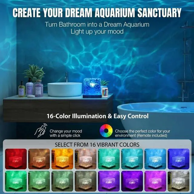 Alt view image 3 of 7 - Rechargeable Ocean Wave Projector Light, 16 Color Changeable & Dimmable Shower Lamp with Remote, Cube Mood Ambient Lighting, Ocean Room Decor, Cordless Night Light for Bathroom, Room Decor