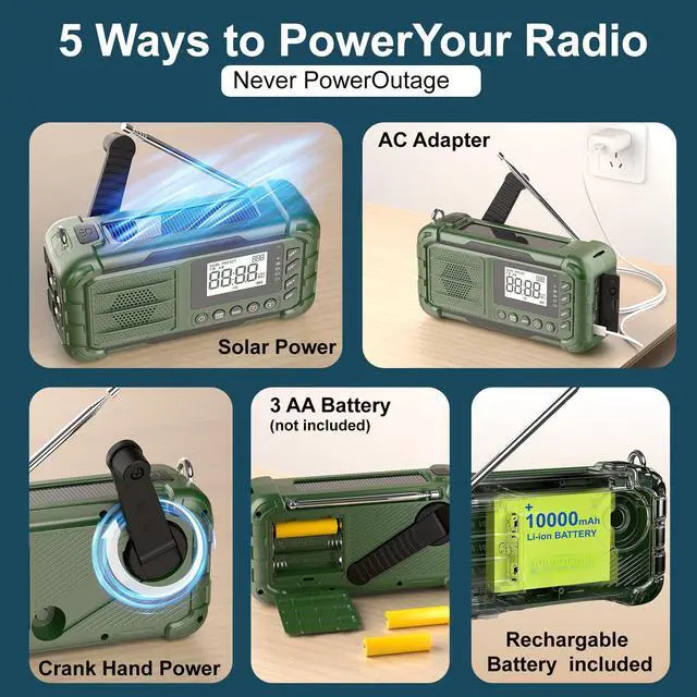 Alt view image 4 of 6 - NOAA Weather Radio Emergency, 10000mAh Solar Hand Crank Radio