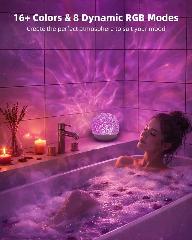 Alt view image 2 of 7 - Waterproof Shower Lamp, Shower Light for Inside Shower with 16 Colors, Rechargeable Water Ripple Ambient Lighting, Remote & Touch Control, Cordless for Bathroom Bathtub Shower Relaxation Gift - White