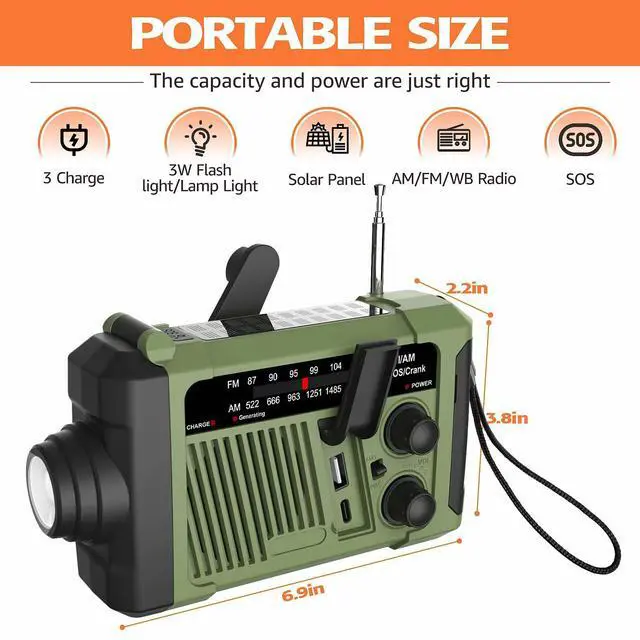 Alt view image 7 of 7 - Emergency Hand Crank Solar Radio,NOAA Weather Radio with AM/FM/WB Alert,Portable Emergency Weather Radio with Flashlight,COB Reading Lamp,USB Charging,SOS Alarm & Phone Charger for Hurricane Camping