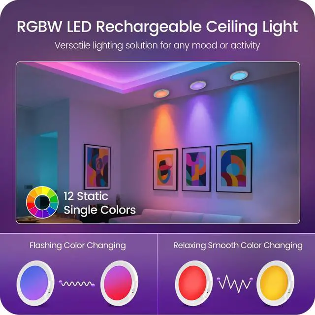Alt view image 2 of 7 - Motion Sensor Rechargeable Shower Light for Inside Shower with Remote, RGBW Battery Operated Ceiling Light, Wireless, Color-Changing Ambient Light, Warm-to-Cool Whites, Dimmable, Timer, Magnetic