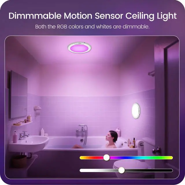 Alt view image 3 of 7 - Motion Sensor Rechargeable Shower Light for Inside Shower with Remote, RGBW Battery Operated Ceiling Light, Wireless, Color-Changing Ambient Light, Warm-to-Cool Whites, Dimmable, Timer, Magnetic